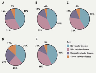 Figure 2. Review of valvular disease according to source of referral. A: overall (n=703); B: primary care (n=204); C: secondary care clinic referrals from primary care (n=298); D: non-coronary care unit in-patients (n=104); E: coronary care unit patients (n=97)