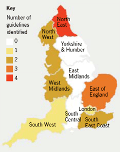 Figure 1. Geographic distribution of English primary care trust and cardiac network post-myocardial infarction clinical guidelines identified, by strategic health authority (SHA) region 