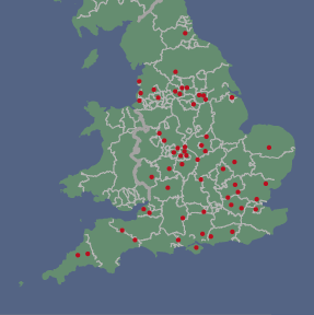 Figure 1. The wide geographical distribution of the 61 National Health Service (NHS) units studied (generated on Microsoft Office Picture ManagerTM)