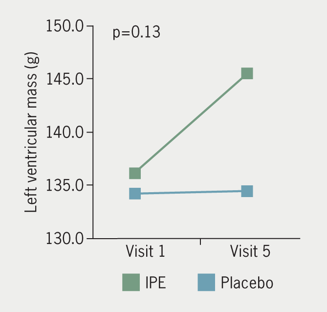 Kitchin - Figure 4. Left ventricular mass change over time. Left ventricular mass over the initial and final visits for IPE and placebo groups. There was no difference in the change in LV mass between groups