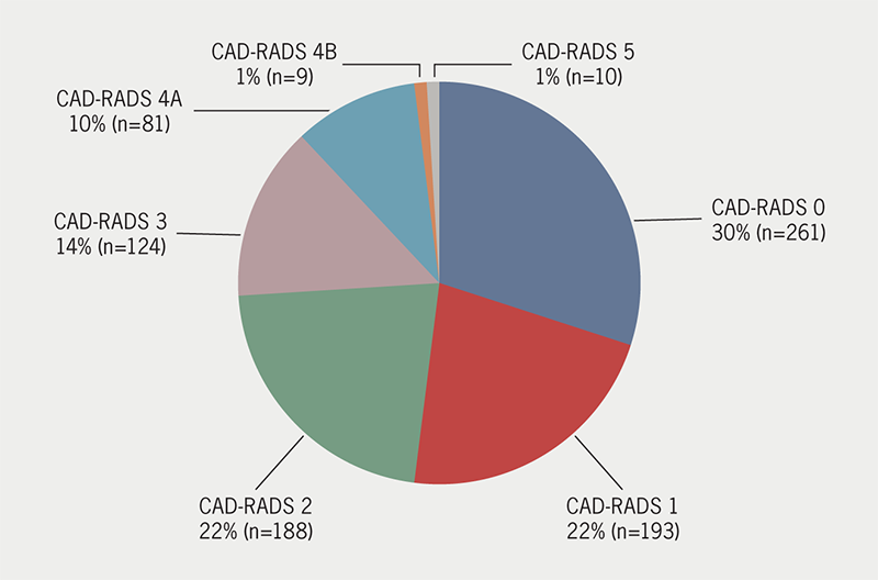 Chick - Figure 1. Pie chart comparing the frequency of the different CAD-RADS (Coronary Artery Disease Reporting and Data System) scores