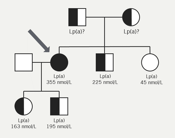 Cegla - Figure 3. Lp(a) follows an autosomal co-dominant pattern of inheritance. The large grey arrow points to the index patient