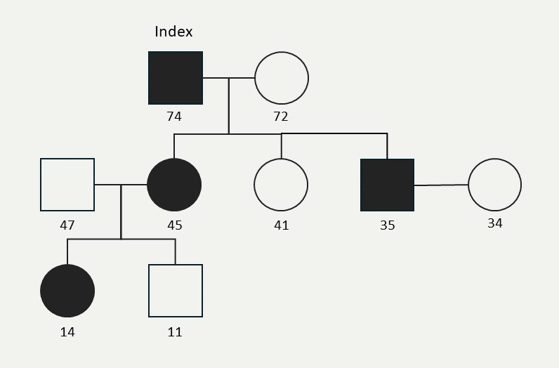 Khan - Figure 4. Genetic family pedigree of Lp(a) inheritance across three generations. Affected individuals are represented by black shading