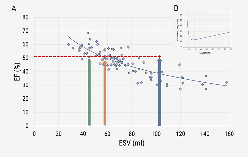 Kerkhof - Figure 3A. The association between ejection fraction (EF) and end-systolic volume (ESV) for the same patients as shown in figure 2. The three patients with EF=51% (broken red line) are identified by the coloured bars with arrow head. Green concerns takotsubo, orange indicates acute myocardial infarction, and blue refers to an acute myocarditis patient. Their ESV values differ, as well as the corresponding left ventricular pressure-volume loops,12 and their myocardial oxygen consumption (MVO2, see inset), as defined by the individual ESV. Note the inverse nonlinear association (see blue curve) between EF and ESV for this mixed cohort. Figure 3B (inset). Swoosh-shaped association between MVO2 and ESV index (i)7,14