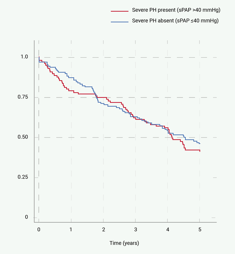 Mohiaddin - Figure 1. Five-year Kaplan-Meier survival curve of all-cause mortality in transcatheter aortic valve implantation (TAVI) patients grouped according to the presence of severe pulmonary hypertension (PH)